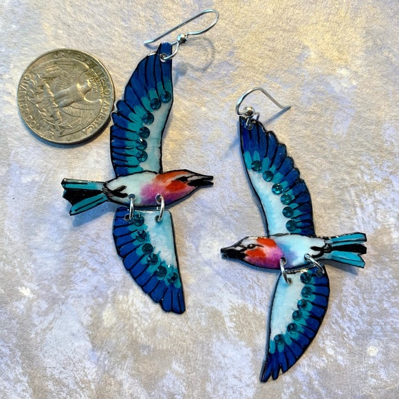 Handpainted lilac breasted roller bird earrings, sterling wires African birds - Picture 4 of 6